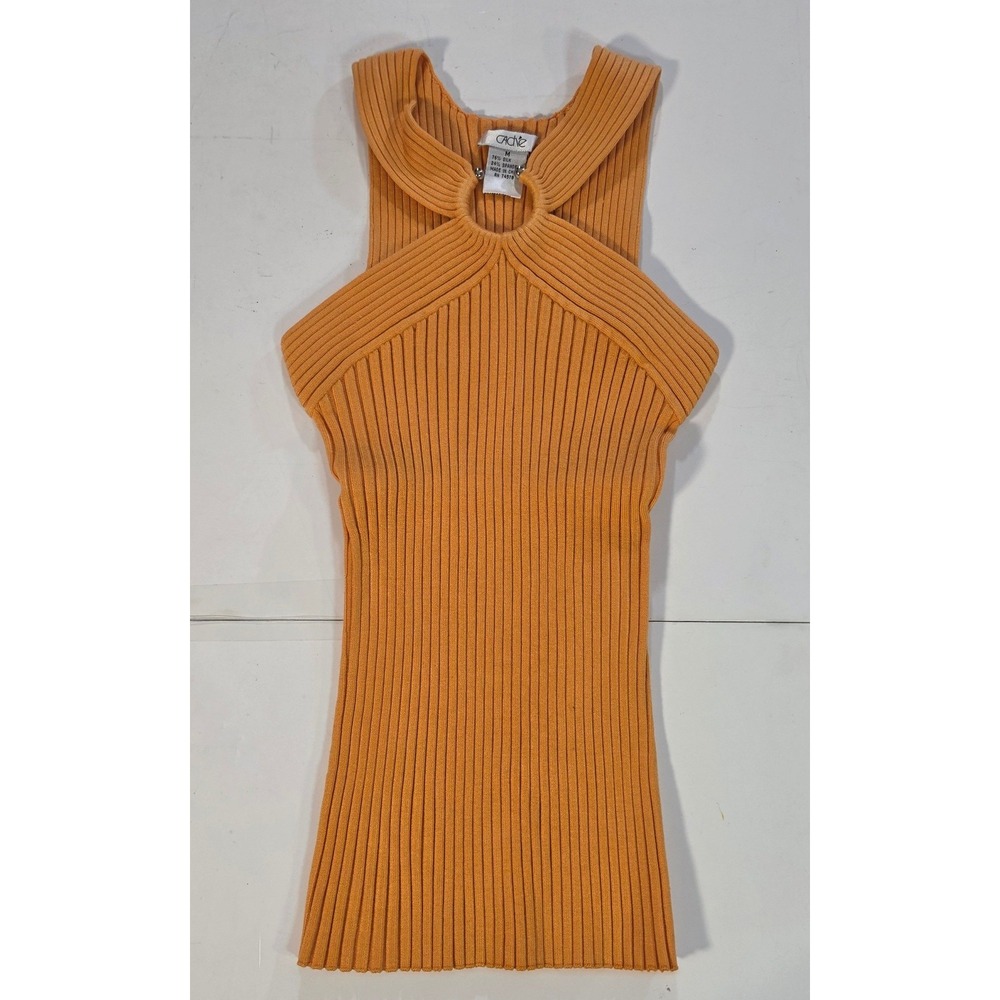 Vtg Cache Orange Silk Blend Ribbed Ring Halter Neck Sleeveless Top Med Stretchy